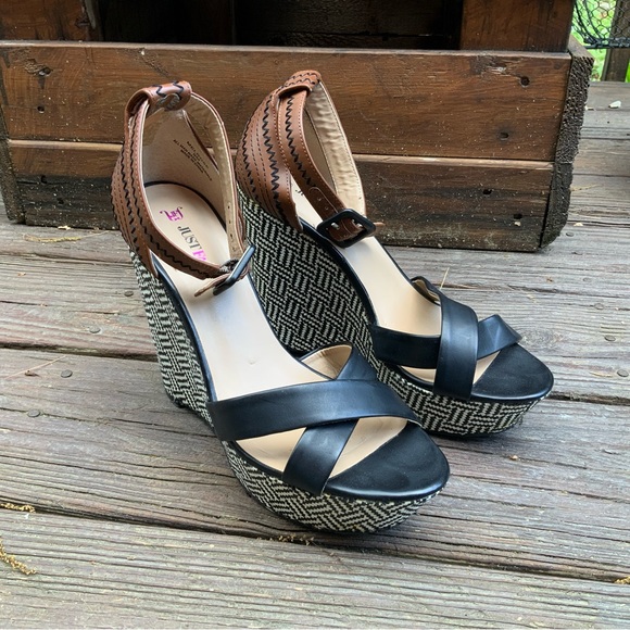 JUST FAB Melrose Black & White Wedge heel w brown ankle strap SZ 9 - Picture 9 of 11